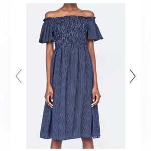 Zara Navy and White Off-Shoulder Striped Midi Dress. Size-M